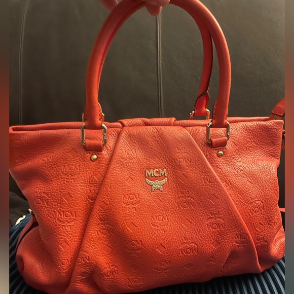 MCM Orange Monogram Embossed Leather Medium Handbag NO crossbody strap AUTH - Picture 2 of 16